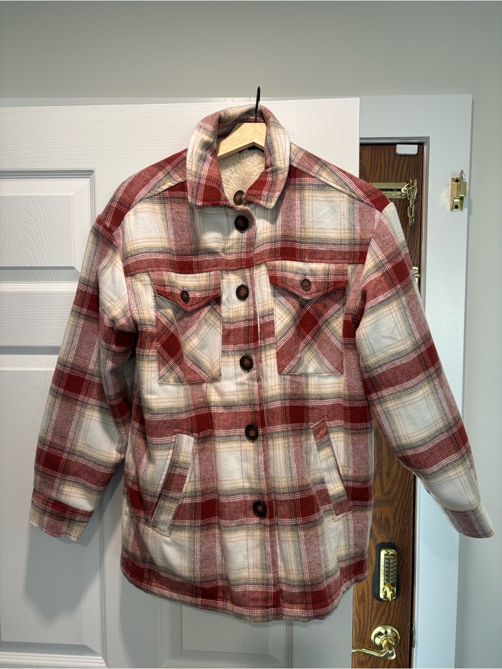 Love Tree Sherpa Lined Plaid Shacket Burgundy Cream Large